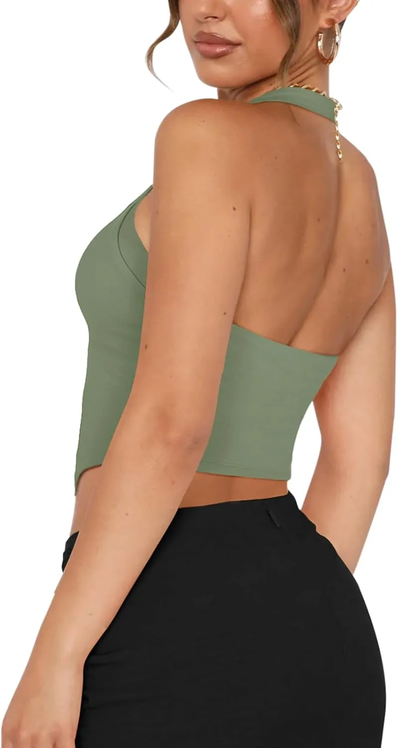 REORIA Butsmooth Double Lined Sexy Halter Tops Camisole V Neck Sleeveless Corset Y2K Going Out Crop Tank Tops for Women