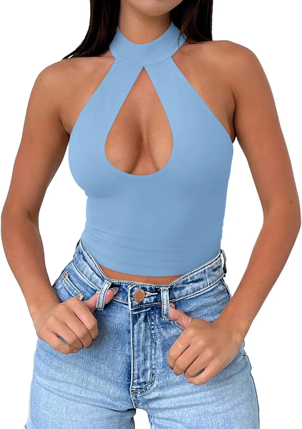 REORIA Women's Sexy Criss Cross Halter Neck Crop Tops Trendy Sleeveless Y2K Nightout Clubwear Going Out Tops