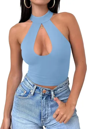 REORIA Women's Sexy Criss Cross Halter Neck Crop Tops Trendy Sleeveless Y2K Nightout Clubwear Going Out Tops