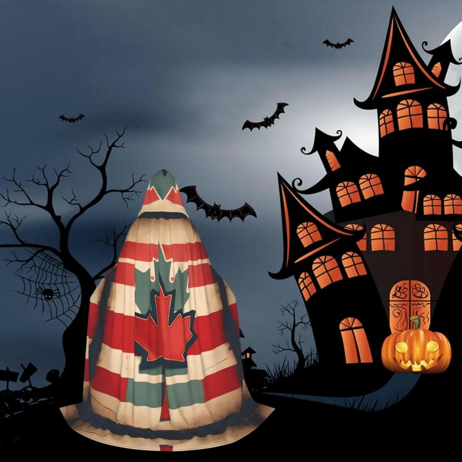Retro Canada Flag Pattern Print Halloween Hooded Cloak Full Length Cape With Hood For Men And Women For Carnival