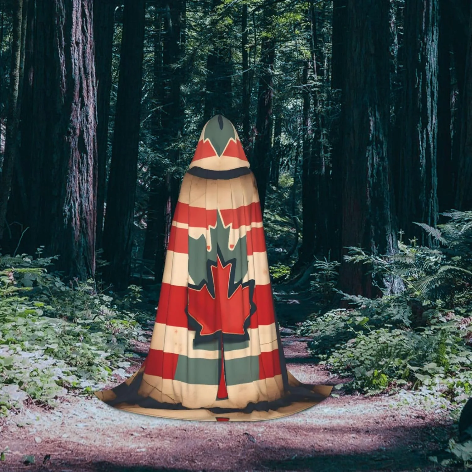 Retro Canada Flag Pattern Print Halloween Hooded Cloak Full Length Cape With Hood For Men And Women For Carnival