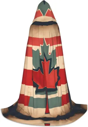 Retro Canada Flag Pattern Print Halloween Hooded Cloak Full Length Cape With Hood For Men And Women For Carnival