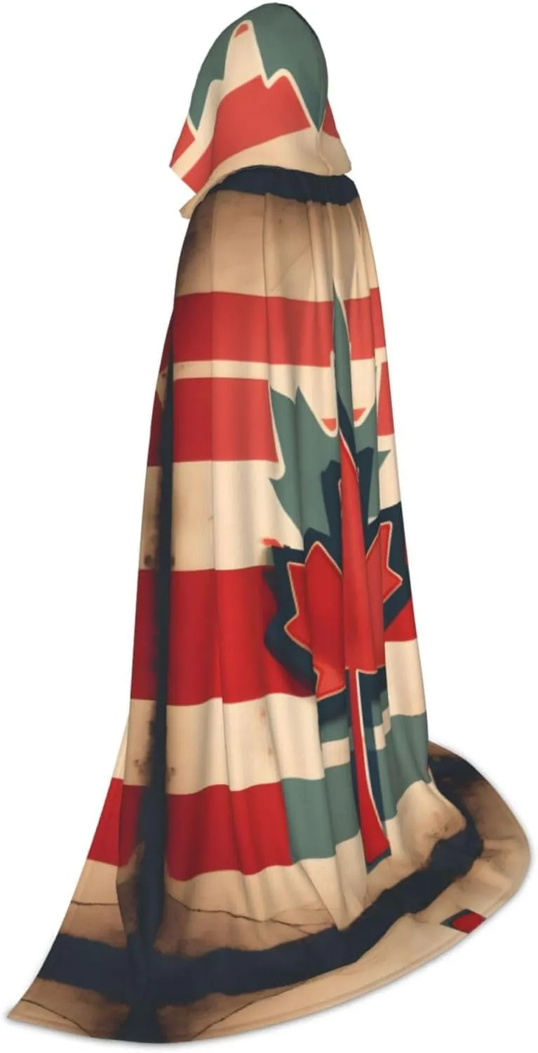 Retro Canada Flag Pattern Print Halloween Hooded Cloak Full Length Cape With Hood For Men And Women For Carnival
