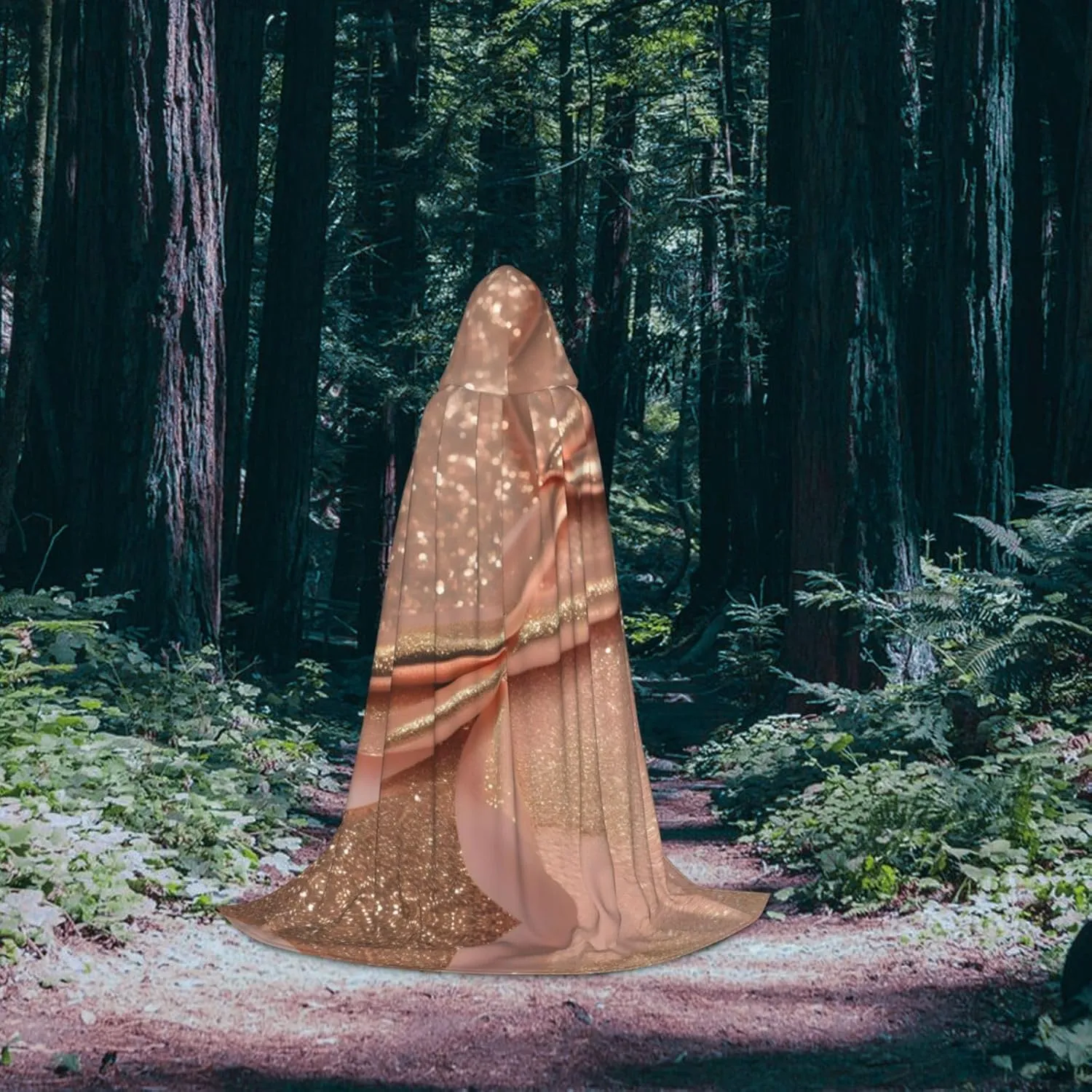 Rose Gold Glitter Print Halloween Hooded Cloak Full Length Cape With Hood For Men And Women For Carnival