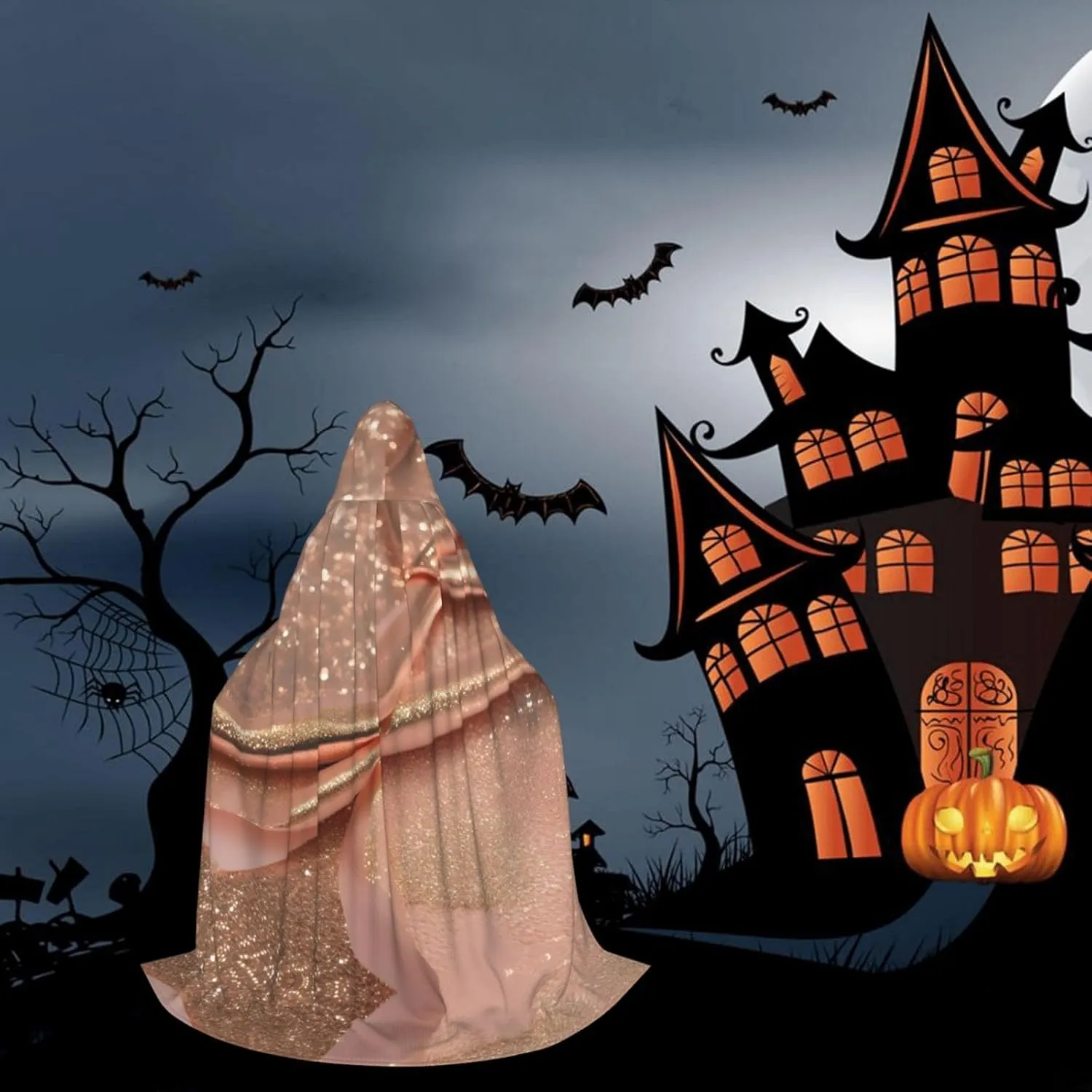 Rose Gold Glitter Print Halloween Hooded Cloak Full Length Cape With Hood For Men And Women For Carnival