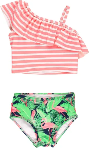 RuffleButts Girls UPF50  Sun Protection One Shoulder Ruffle Tankini Two Piece Swimsuit