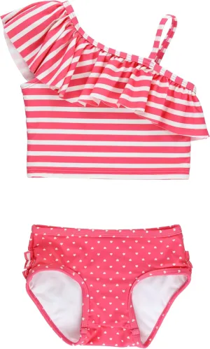 RuffleButts Girls UPF50  Sun Protection One Shoulder Ruffle Tankini Two Piece Swimsuit