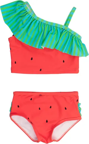 RuffleButts Girls UPF50  Sun Protection One Shoulder Ruffle Tankini Two Piece Swimsuit