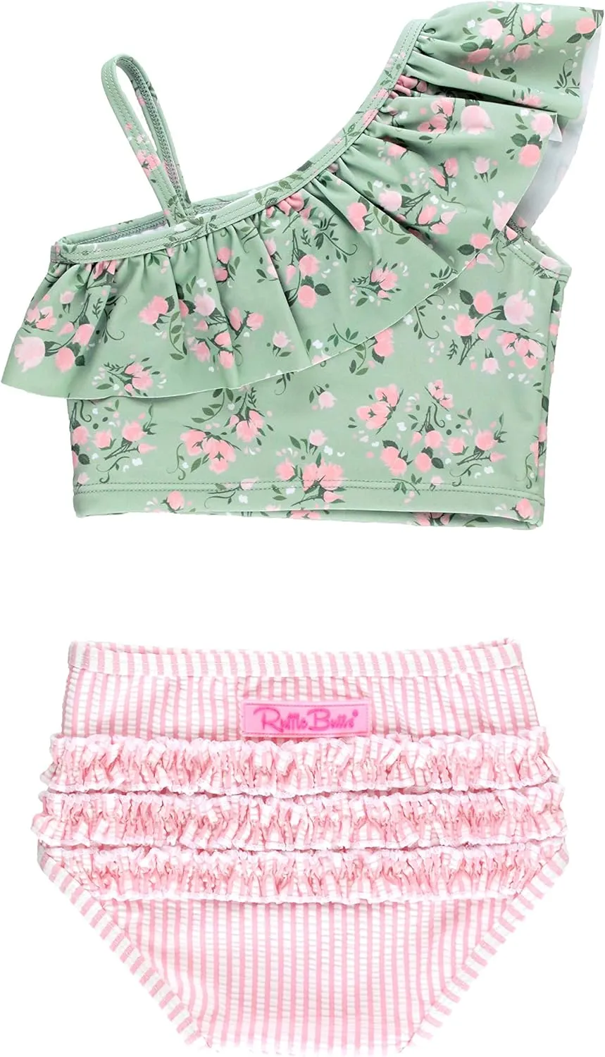 RuffleButts Girls UPF50  Sun Protection One Shoulder Ruffle Tankini Two Piece Swimsuit
