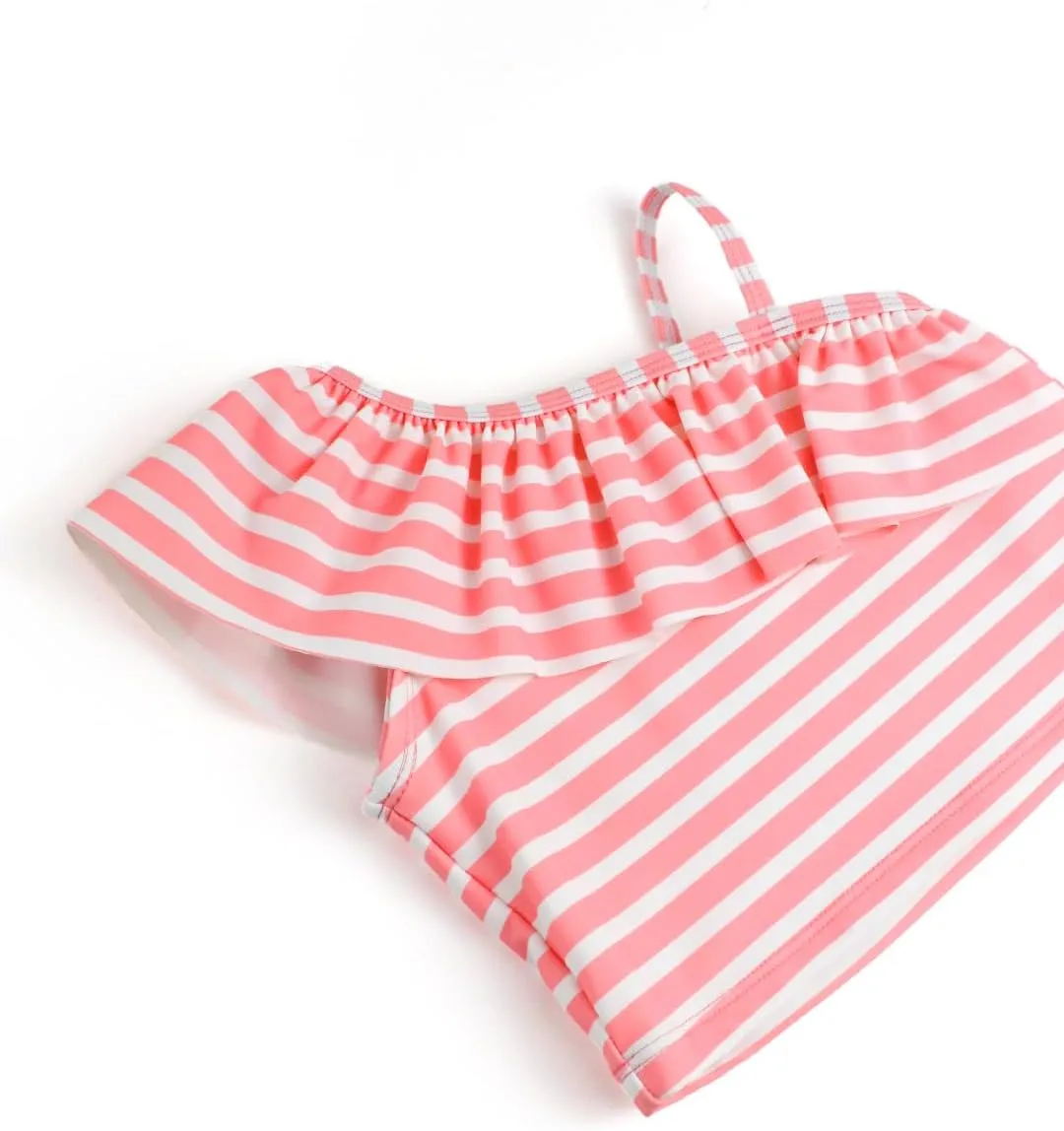 RuffleButts Girls UPF50  Sun Protection One Shoulder Ruffle Tankini Two Piece Swimsuit
