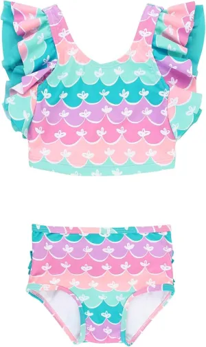 RuffleButts Girls UPF50  Sun Protection One Shoulder Ruffle Tankini Two Piece Swimsuit