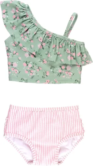 RuffleButts Girls UPF50  Sun Protection One Shoulder Ruffle Tankini Two Piece Swimsuit