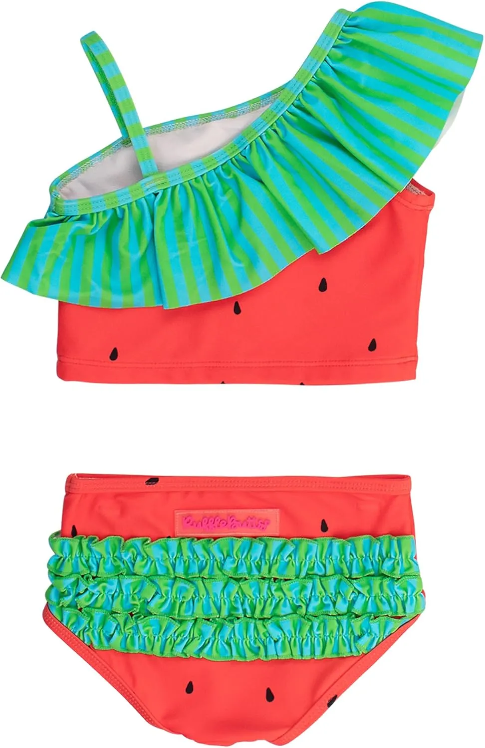 RuffleButts Girls UPF50  Sun Protection One Shoulder Ruffle Tankini Two Piece Swimsuit