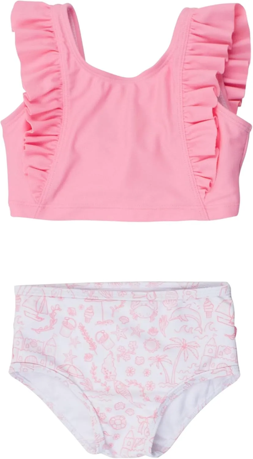 RuffleButts Girls UPF50  Sun Protection One Shoulder Ruffle Tankini Two Piece Swimsuit