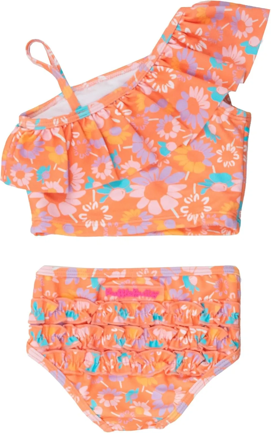 RuffleButts Girls UPF50  Sun Protection One Shoulder Ruffle Tankini Two Piece Swimsuit