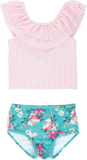 RuffleButts Girls UPF50  Sun Protection One Shoulder Ruffle Tankini Two Piece Swimsuit