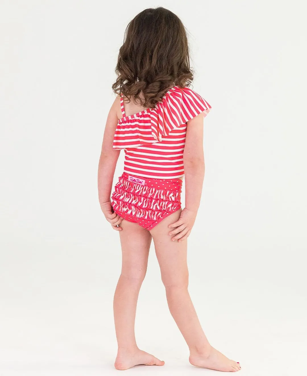 RuffleButts Girls UPF50  Sun Protection One Shoulder Ruffle Tankini Two Piece Swimsuit