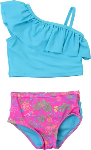 RuffleButts Girls UPF50  Sun Protection One Shoulder Ruffle Tankini Two Piece Swimsuit