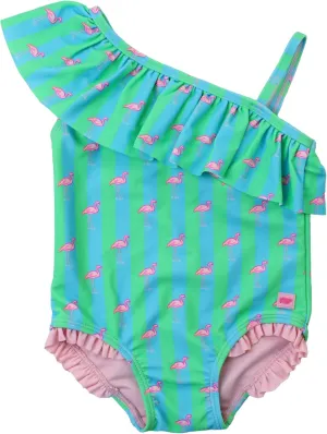 RuffleButts Girls UPF50  Sun Protection One Shoulder Single Ruffle One Piece Swimsuit