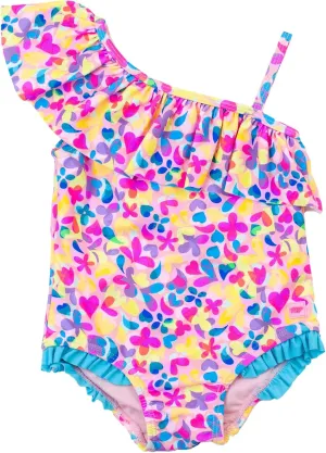 RuffleButts Girls UPF50  Sun Protection One Shoulder Single Ruffle One Piece Swimsuit