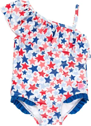 RuffleButts Girls UPF50  Sun Protection One Shoulder Single Ruffle One Piece Swimsuit