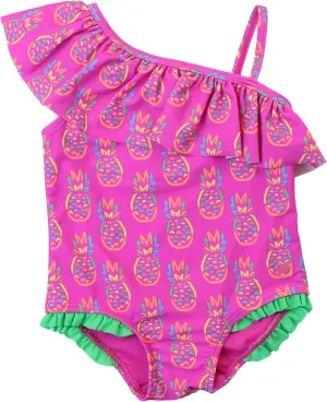 RuffleButts Girls UPF50  Sun Protection One Shoulder Single Ruffle One Piece Swimsuit