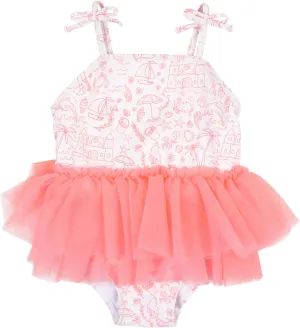 RuffleButts Girls UPF50  Sun Protection Peplum Smocked Bodice/Tulle Skirted One Piece Swimsuit