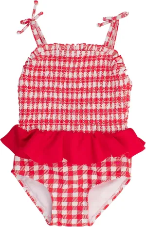 RuffleButts Girls UPF50  Sun Protection Peplum Smocked Bodice/Tulle Skirted One Piece Swimsuit