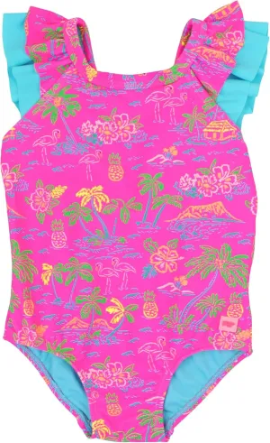 RuffleButts Girls UPF50  Sun Protection Ruffle V-Back One Piece Swimsuit
