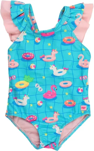 RuffleButts Girls UPF50  Sun Protection Ruffle V-Back One Piece Swimsuit