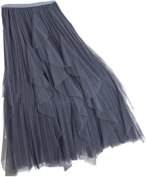 Ruffles Tulle Skirt Women Casual Solid A Line High Waist Pleated Midi Long Skirt Female Green Pink