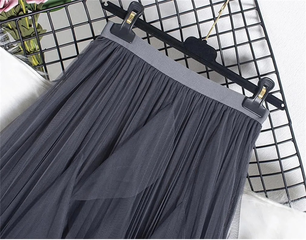 Ruffles Tulle Skirt Women Casual Solid A Line High Waist Pleated Midi Long Skirt Female Green Pink