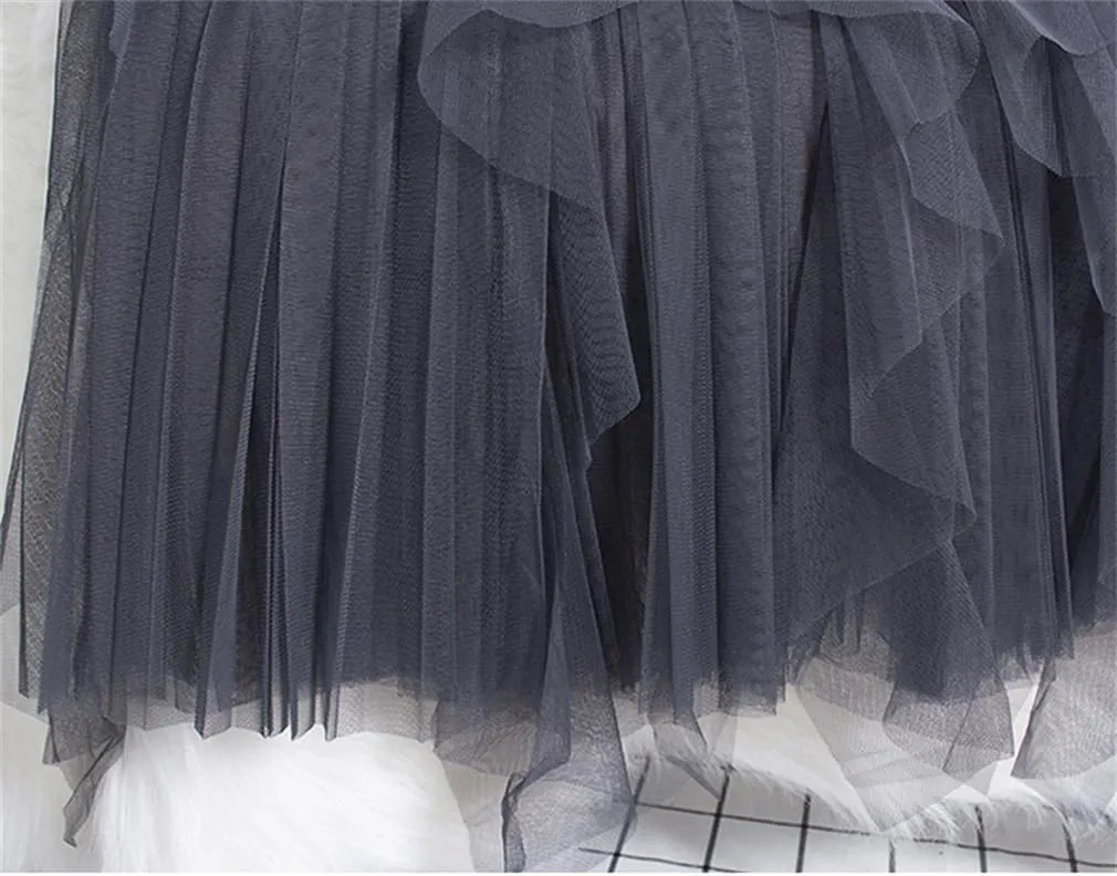 Ruffles Tulle Skirt Women Casual Solid A Line High Waist Pleated Midi Long Skirt Female Green Pink