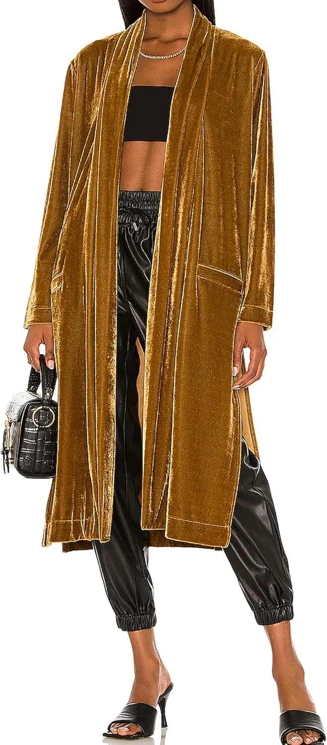 R.Vivimos Women's Long Cardigans Fall Velvet Long Sleeve Open Front Side Slit Loose Casual Jackets Duster Coat with Pockets
