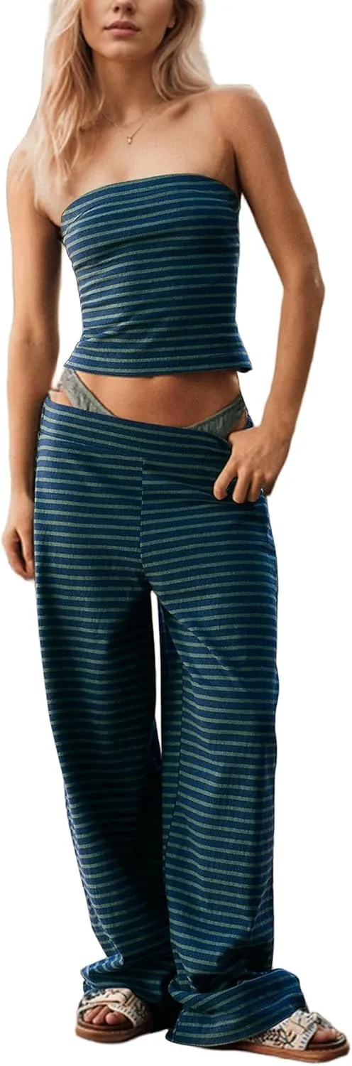SAFRISIOR Summer 2 Piece Sets Strapless Crop Tube Top Striped Wide Leg Lounge Pants Matching Beach Bandeau Pajama Set