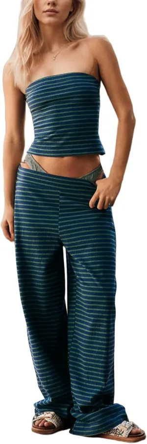 SAFRISIOR Summer 2 Piece Sets Strapless Crop Tube Top Striped Wide Leg Lounge Pants Matching Beach Bandeau Pajama Set