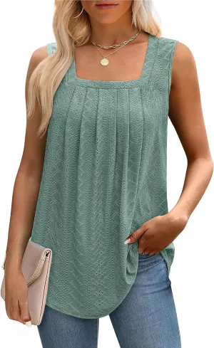 Saloogoe Tank Top for Women Loose Fit Eyelet Summer Tops Flowy Sleeveless Blouses Pleated Square Neck Curved Hem Fashion