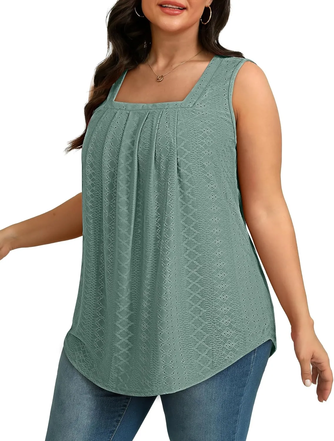 Saloogoe Tank Top for Women Loose Fit Eyelet Summer Tops Flowy Sleeveless Blouses Pleated Square Neck Curved Hem Fashion