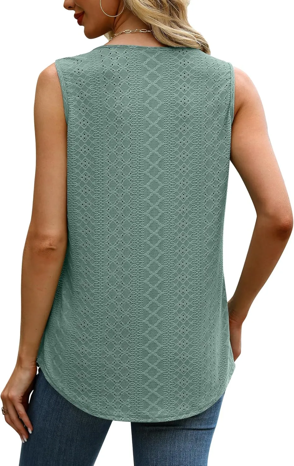 Saloogoe Tank Top for Women Loose Fit Eyelet Summer Tops Flowy Sleeveless Blouses Pleated Square Neck Curved Hem Fashion