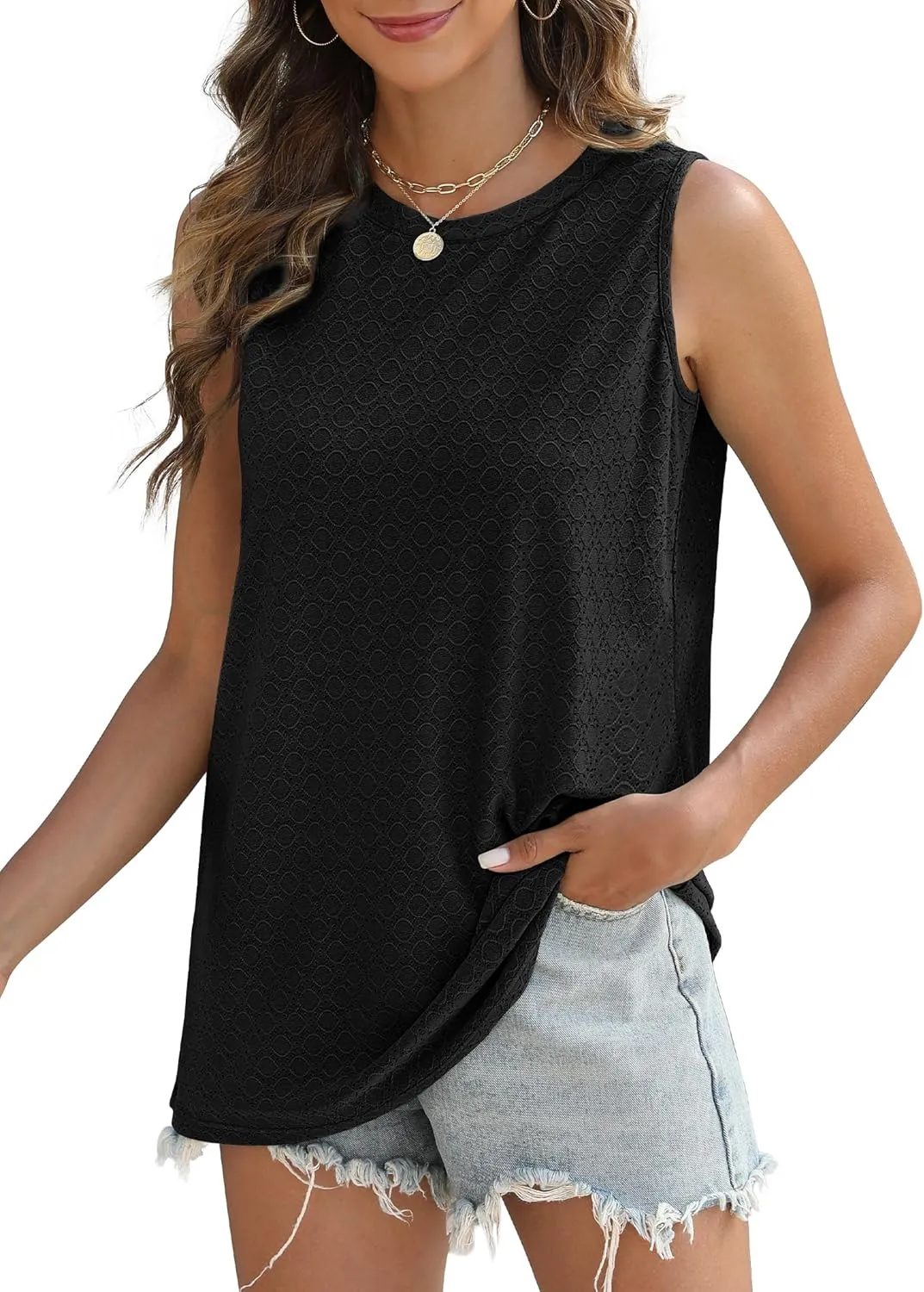 SAMPEEL Womens Tank Tops Eyelet Loose Casual Summer Tops Crew Neck Basic Sleeveless Shirts Trendy 2025