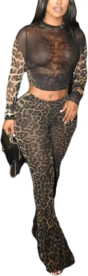 Sexy Two Piece Outfits for Women Y2K Cheetah Print Stretchy Bodycon Mesh Sexy Club Outfit for Women Date Night 2025