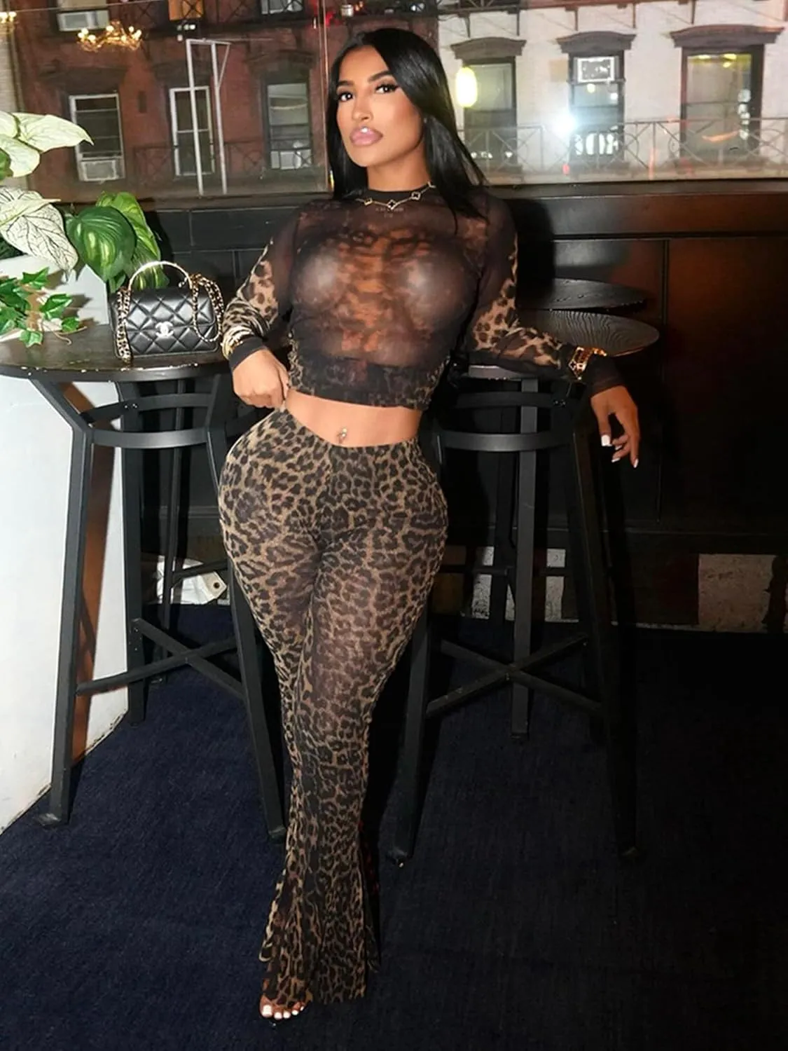 Sexy Two Piece Outfits for Women Y2K Cheetah Print Stretchy Bodycon Mesh Sexy Club Outfit for Women Date Night 2025