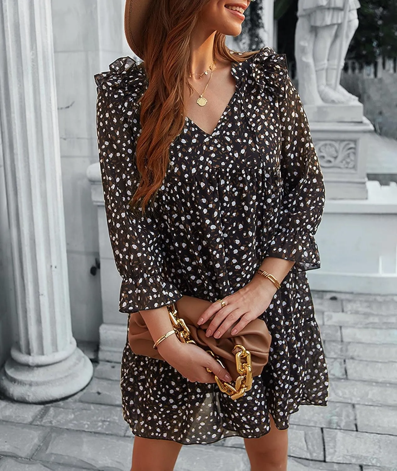 Sexyshine Women's V Neck Ruffle Long Sleeve Floral Print Dress Loose Chiffon A Line Swing Summer Boho T-Shirt Mini Dress