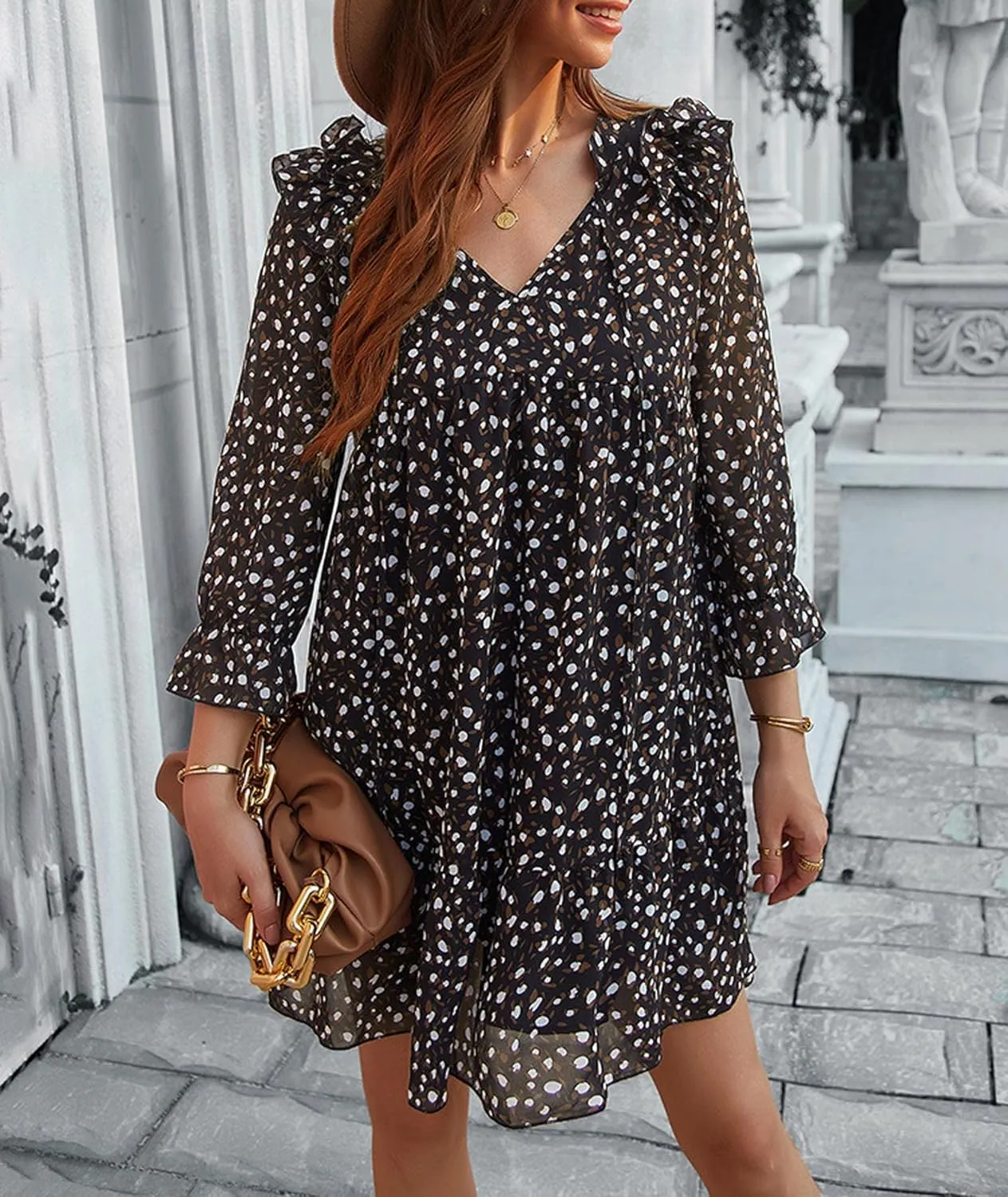 Sexyshine Women's V Neck Ruffle Long Sleeve Floral Print Dress Loose Chiffon A Line Swing Summer Boho T-Shirt Mini Dress