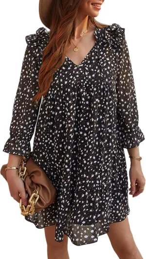 Sexyshine Women's V Neck Ruffle Long Sleeve Floral Print Dress Loose Chiffon A Line Swing Summer Boho T-Shirt Mini Dress
