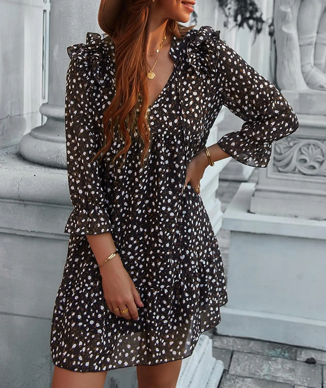 Sexyshine Women's V Neck Ruffle Long Sleeve Floral Print Dress Loose Chiffon A Line Swing Summer Boho T-Shirt Mini Dress