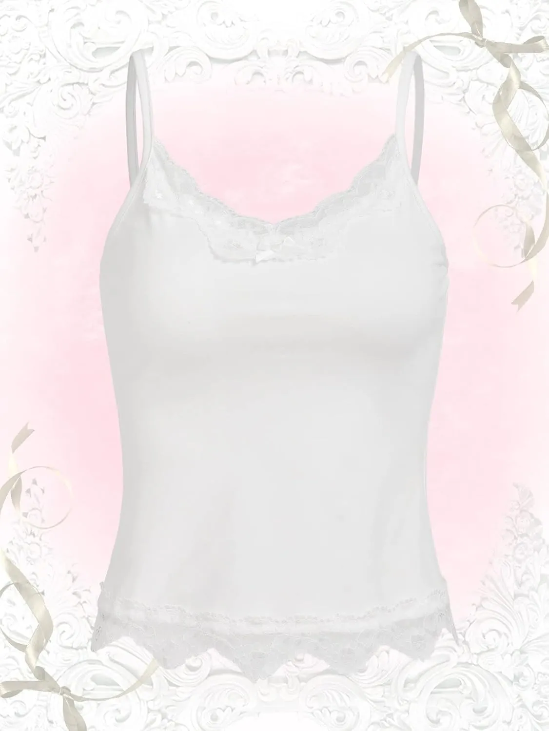 SHENHE Women's Y2K Lace Tank Tops Summer Coquette Bow Sleeveless Spaghetti Strap Lounge Cute Cami Crop Tops