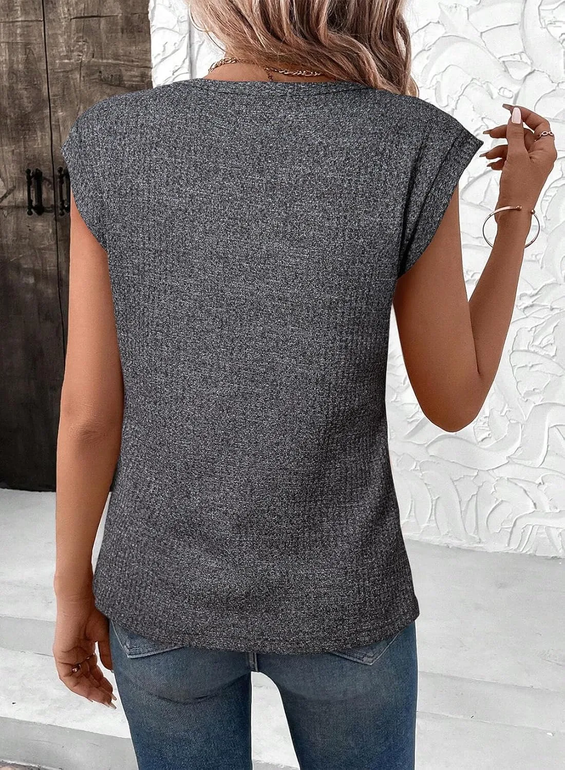 SHEWIN Summer Tops for Women Casual Crew Neck Waffle Knit Cap Sleeve Shirts Loose Fit Blouses Top