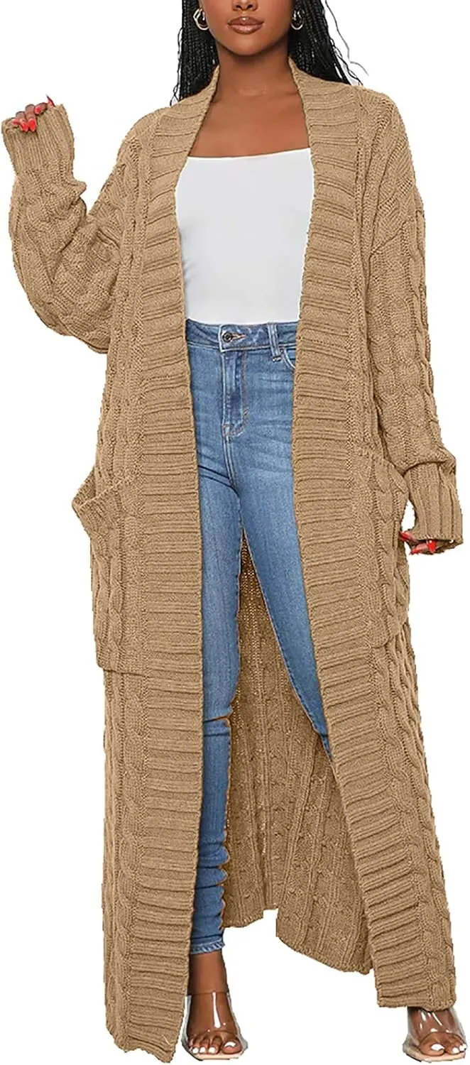 SHINFY Women Long Sleeve Open Front Knit Long Cardigan Casual Knitted Maxi Sweater Coat Outwear with Pockets