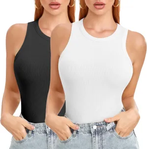 SIMIYA Tank Tops for Women Ribbed Sleeveless Racerback Summer Basic Cami Top Shirt Round High Neck Slim Fitted Blouses